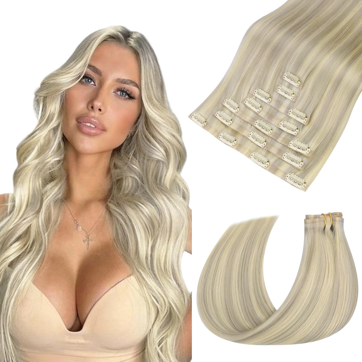 hotbanana Clip in Hair Extensions 20 Inch Ash Blonde front view