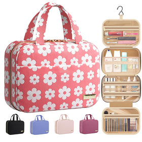 HOTOR Hanging Toiletry Bag in pink and white daisy design front view