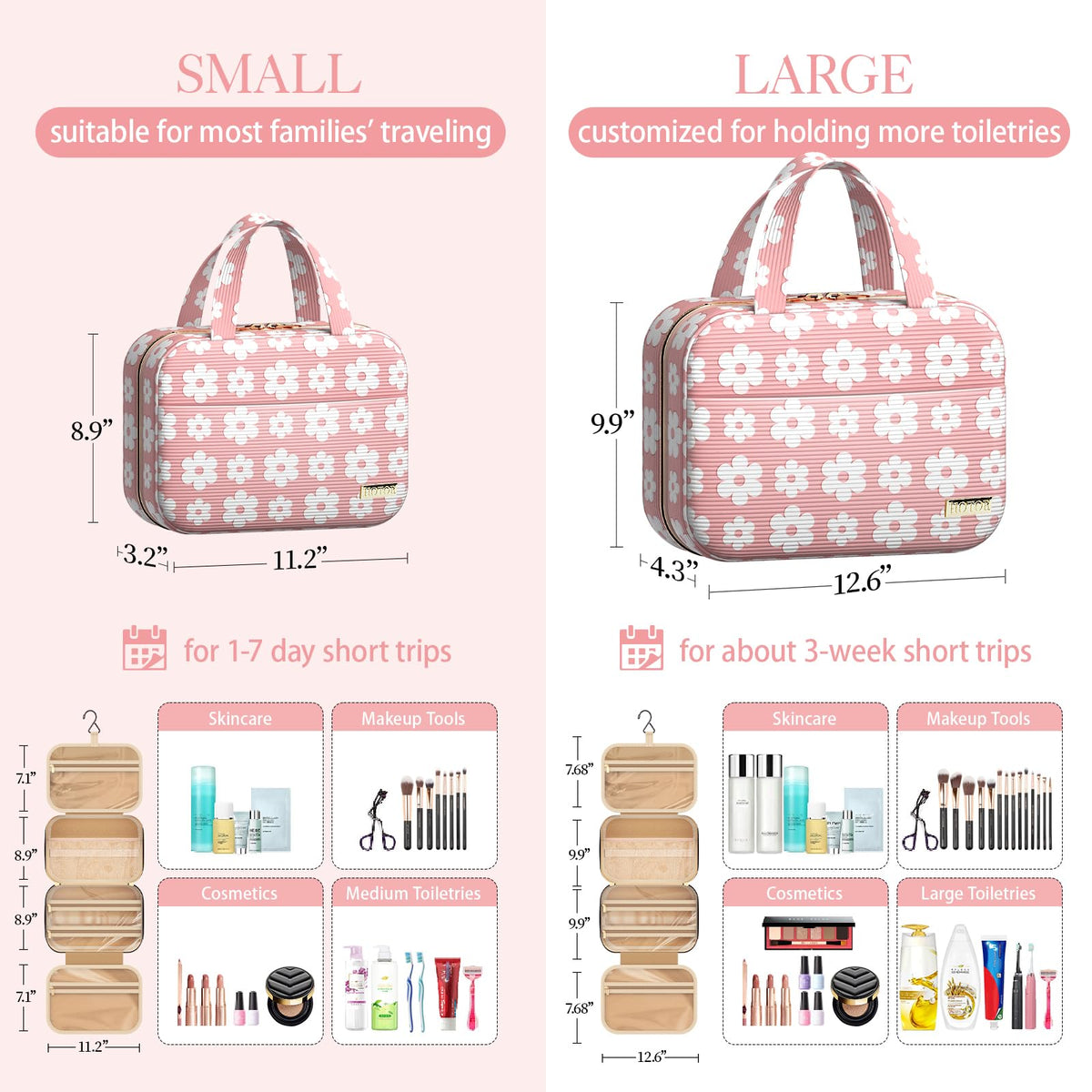 HOTOR Hanging Toiletry Bag open showing compartments and metal hook
