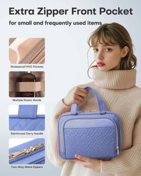 HOTOR Hanging Travel Toiletry Bag Aegean-Blue with toiletries inside