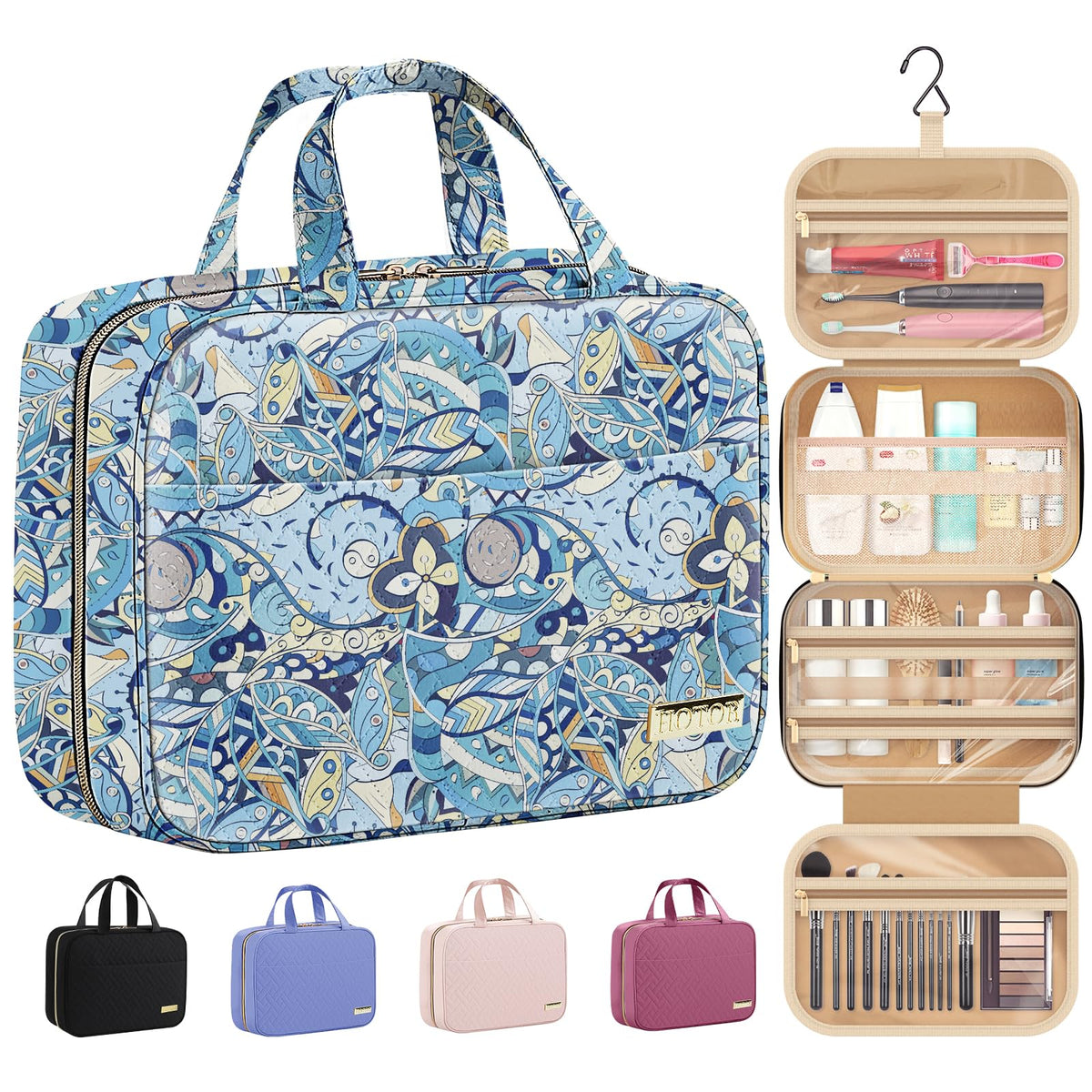HOTOR Hanging Travel Toiletry Bag Blue Paisley front view