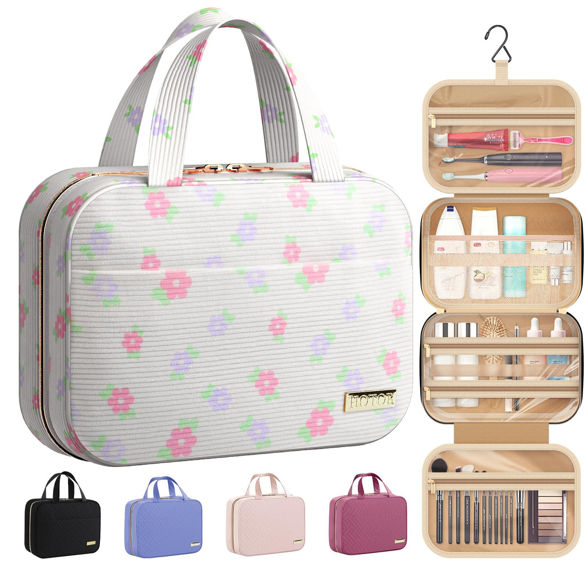HOTOR Hanging Travel Toiletry Bag front view in floral beige