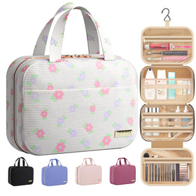 HOTOR Hanging Travel Toiletry Bag front view in floral beige