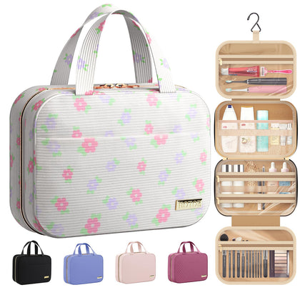 HOTOR Hanging Travel Toiletry Bag front view in floral beige