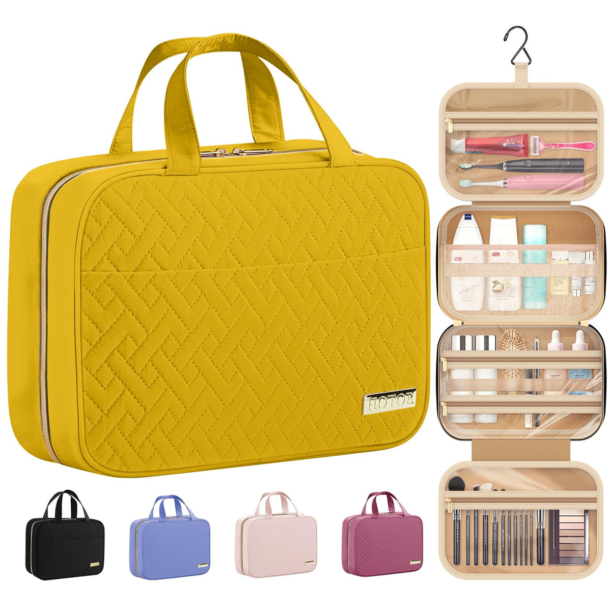 HOTOR Hanging Travel Toiletry Bag front view in yellow