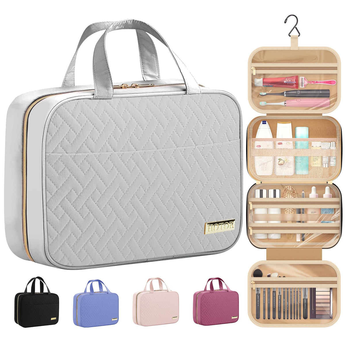 HOTOR Hanging Travel Toiletry Bag Grey front view with compartments open