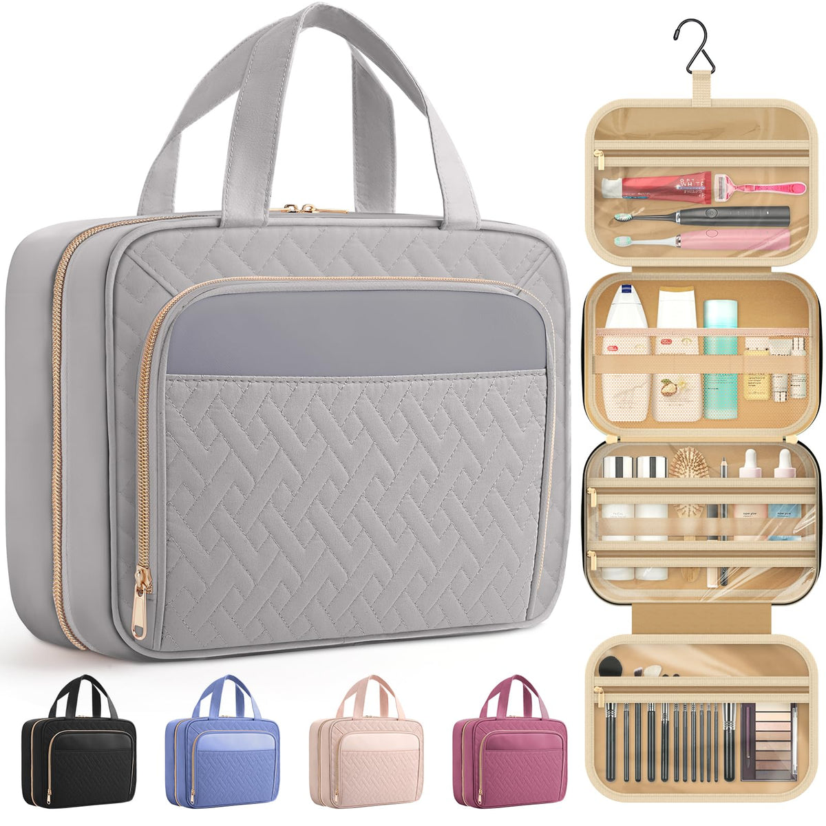 HOTOR Hanging Travel Toiletry Bag Grey front view with multiple compartments