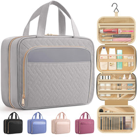 HOTOR Hanging Travel Toiletry Bag Grey front view with multiple compartments