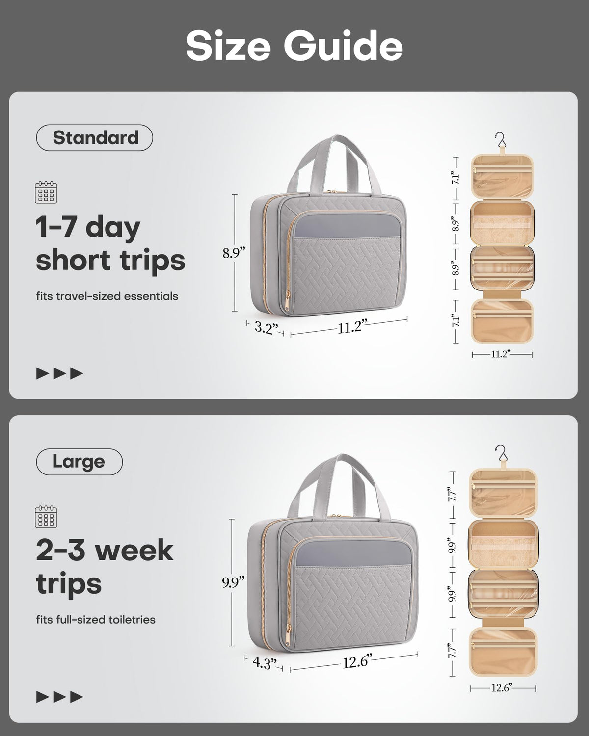 HOTOR Hanging Travel Toiletry Bag Grey with premium metal hook and zippers
