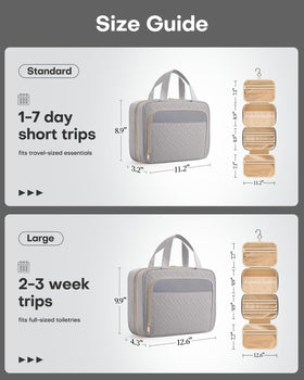 HOTOR Hanging Travel Toiletry Bag Grey with premium metal hook and zippers