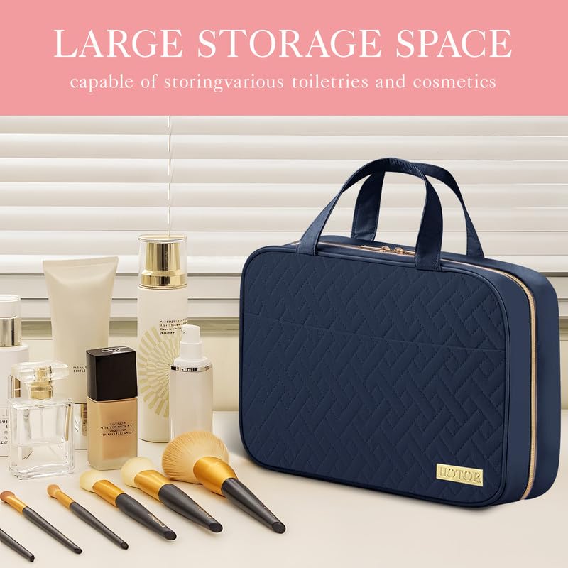 HOTOR Hanging Travel Toiletry Bag navy blue open showing compartments