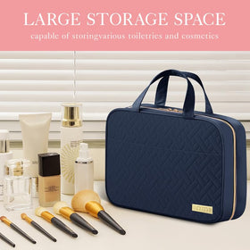 HOTOR Hanging Travel Toiletry Bag navy blue open showing compartments