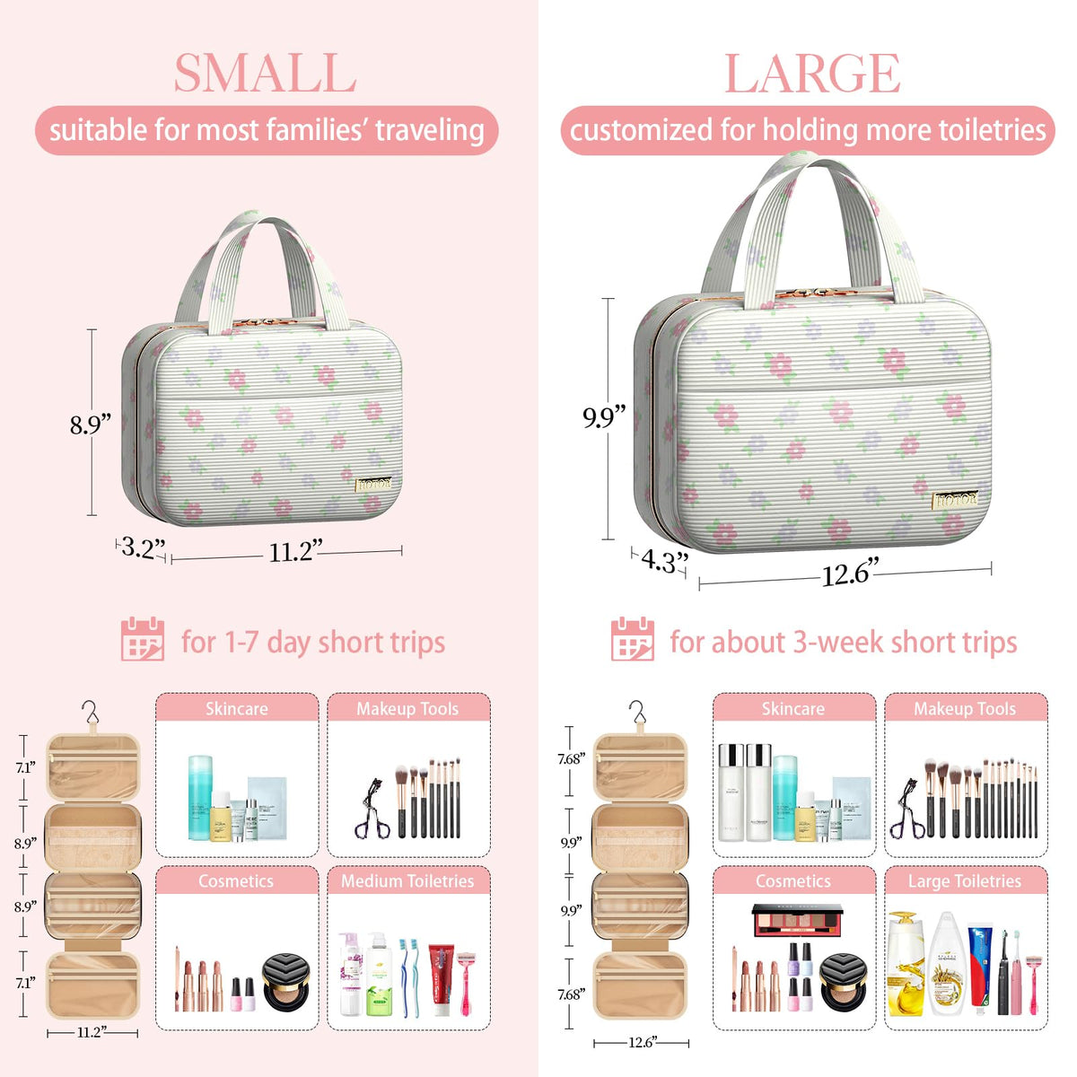 HOTOR Hanging Travel Toiletry Bag open showing compartments and hook