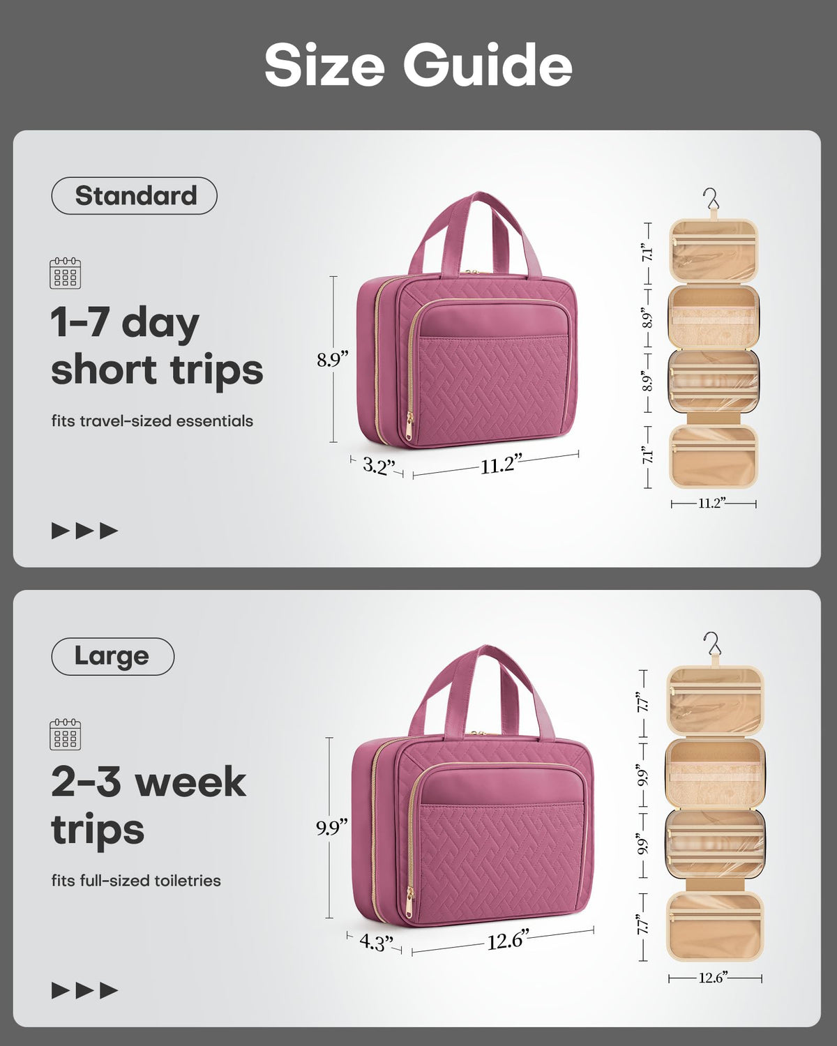HOTOR Hanging Travel Toiletry Bag Rosewood-Pink side view