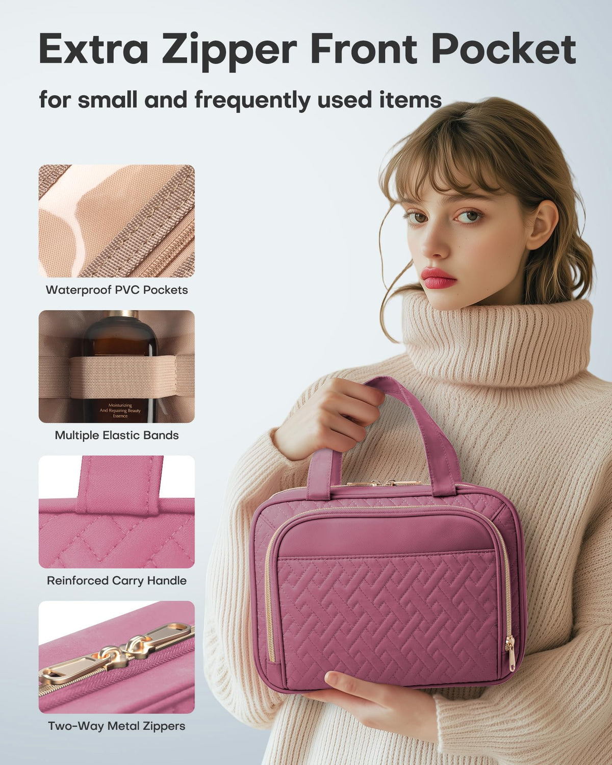 HOTOR Hanging Travel Toiletry Bag Rosewood-Pink with toiletries inside