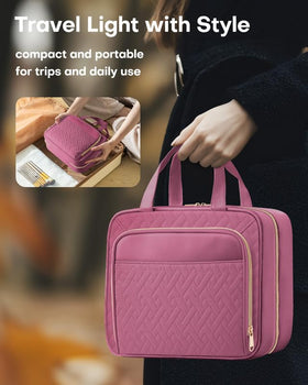 HOTOR Hanging Travel Toiletry Bag Rosewood-Pink with toiletries inside