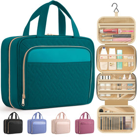 HOTOR Hanging Travel Toiletry Bag teal front view with compartments