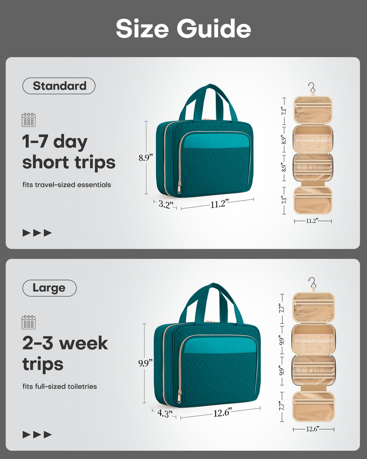 HOTOR Hanging Travel Toiletry Bag teal with metal hook and zippers