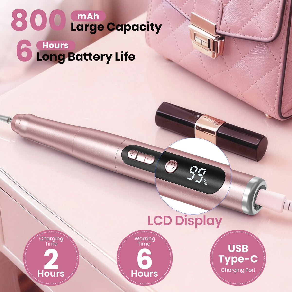Hoxida Cordless Nail Drill charging with Type-C cable