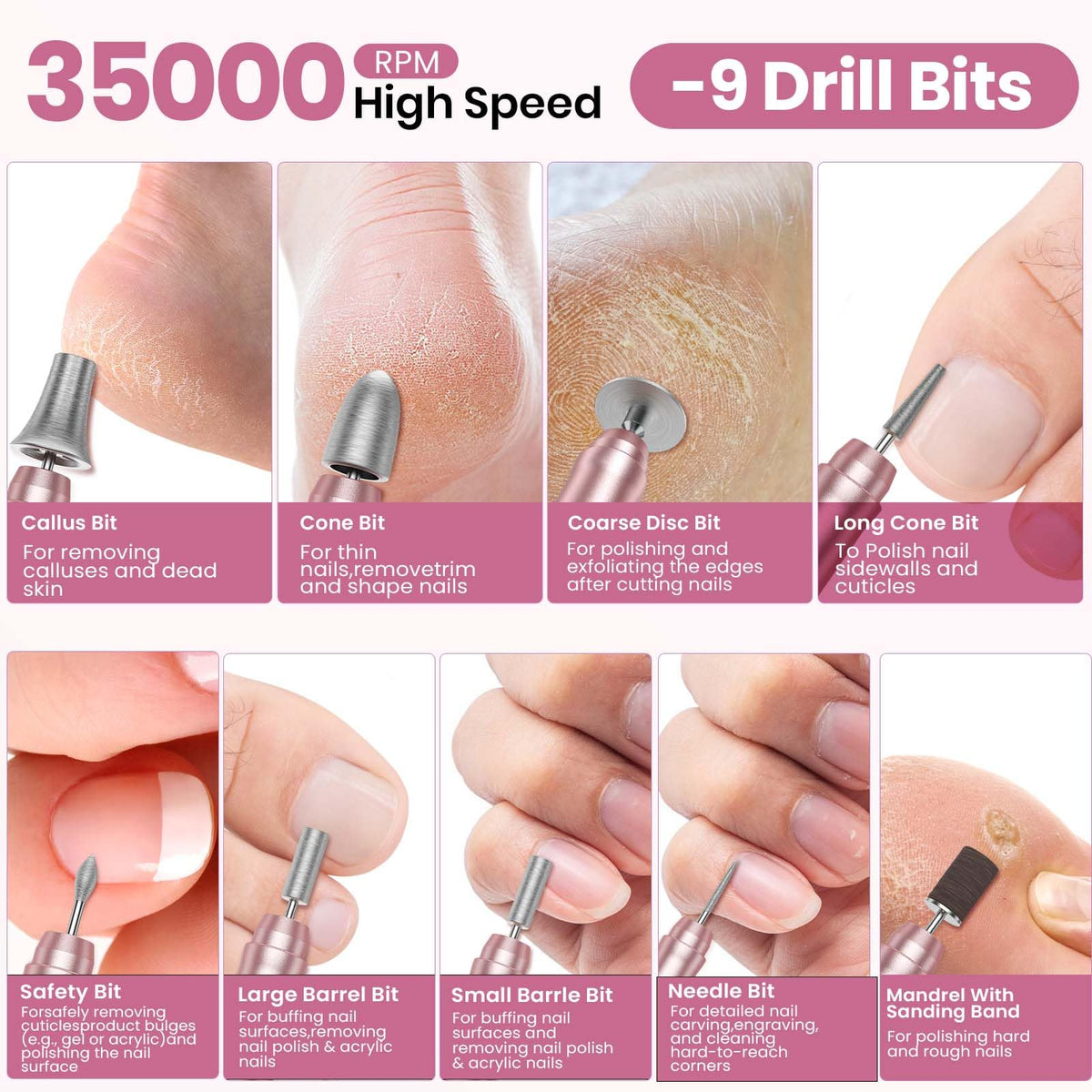Hoxida Cordless Nail Drill with interchangeable bits laid out