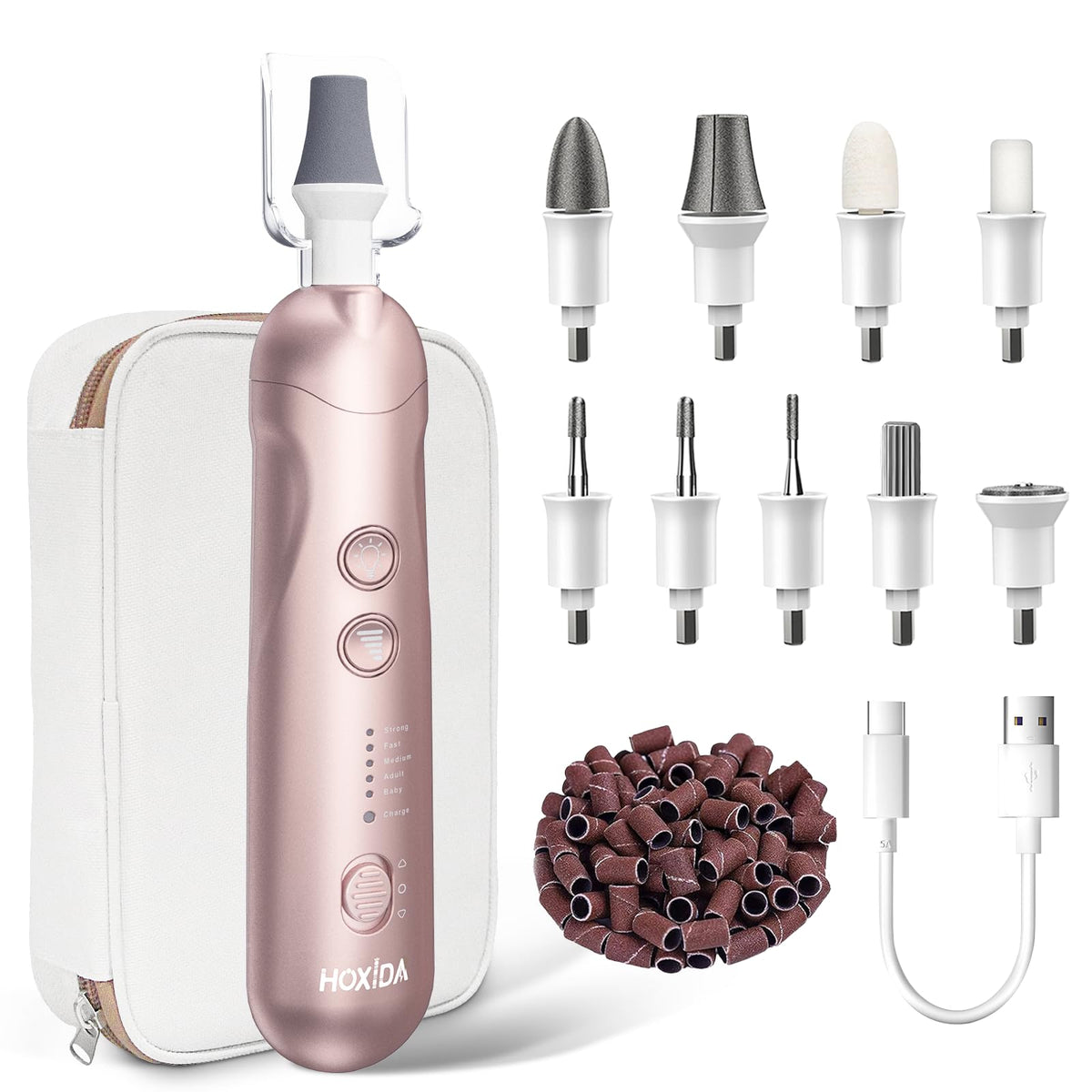 Hoxida Nail Drill Grinder front view with accessories