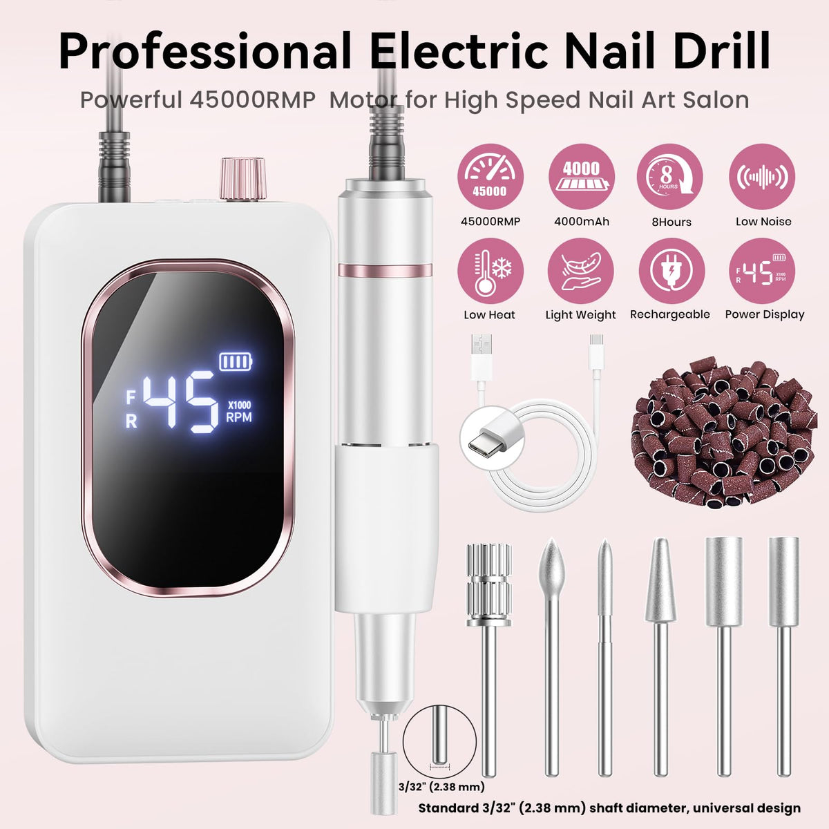 Hoxida Nail Drill kit with drill bits and sanding bands
