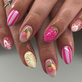 HPYFOI Press On Nails Short Almond Strawberry Lemon front view