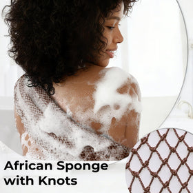 Hrsqu African Exfoliating Net Sponge set displayed with shower gel