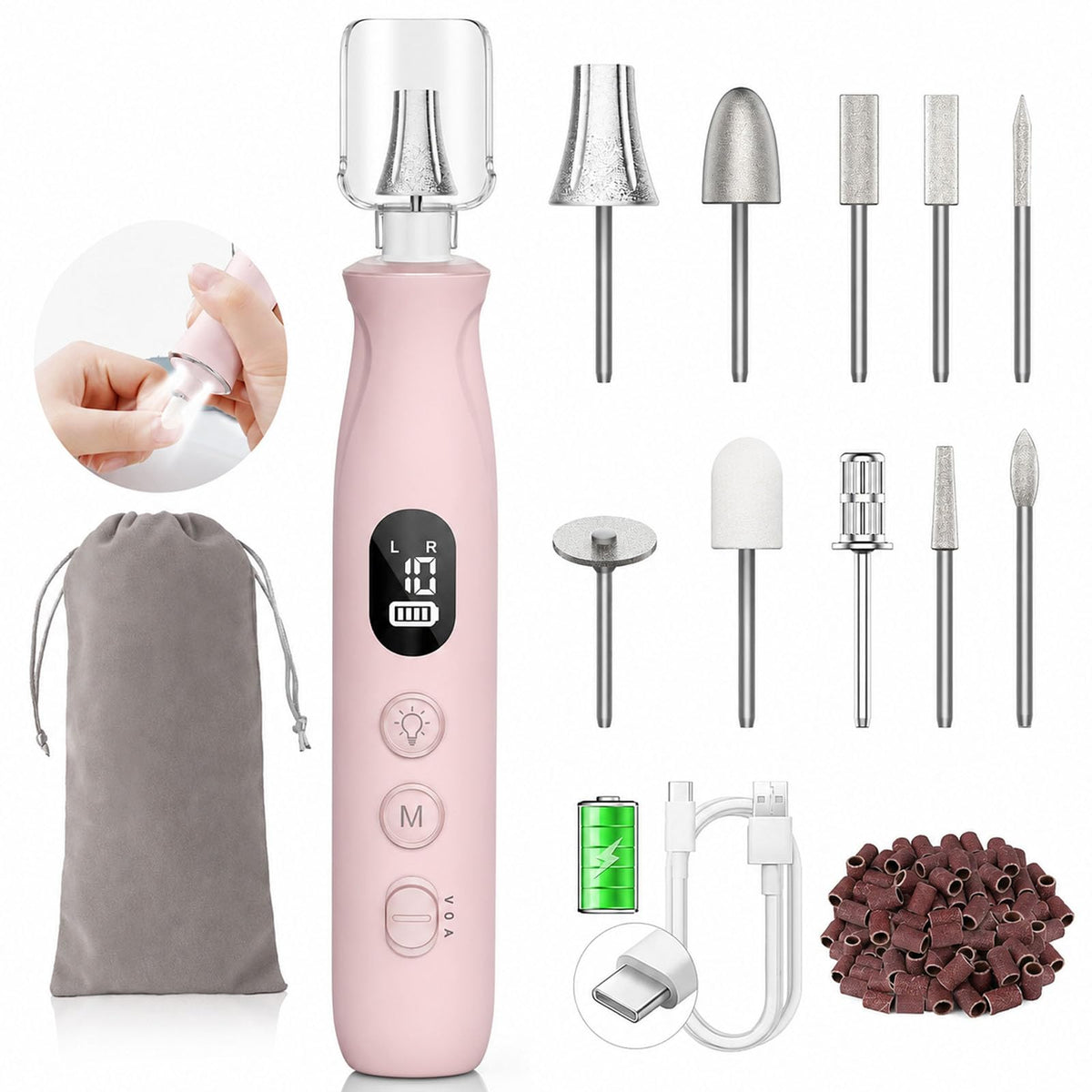 HSKAI Electric Nail File Drill front view with accessories
