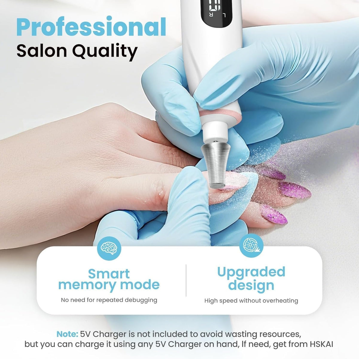 HSKAI Electric Nail File Drill LED light in action