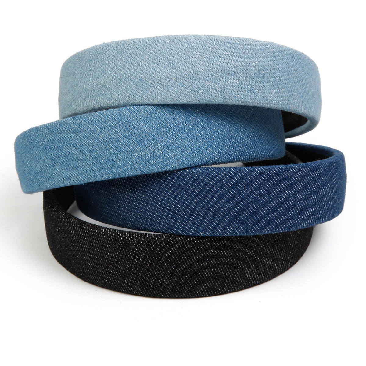 Huachi Denim Headbands worn by a model with long hair