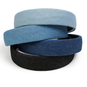 Huachi Denim Headbands worn by a model with long hair