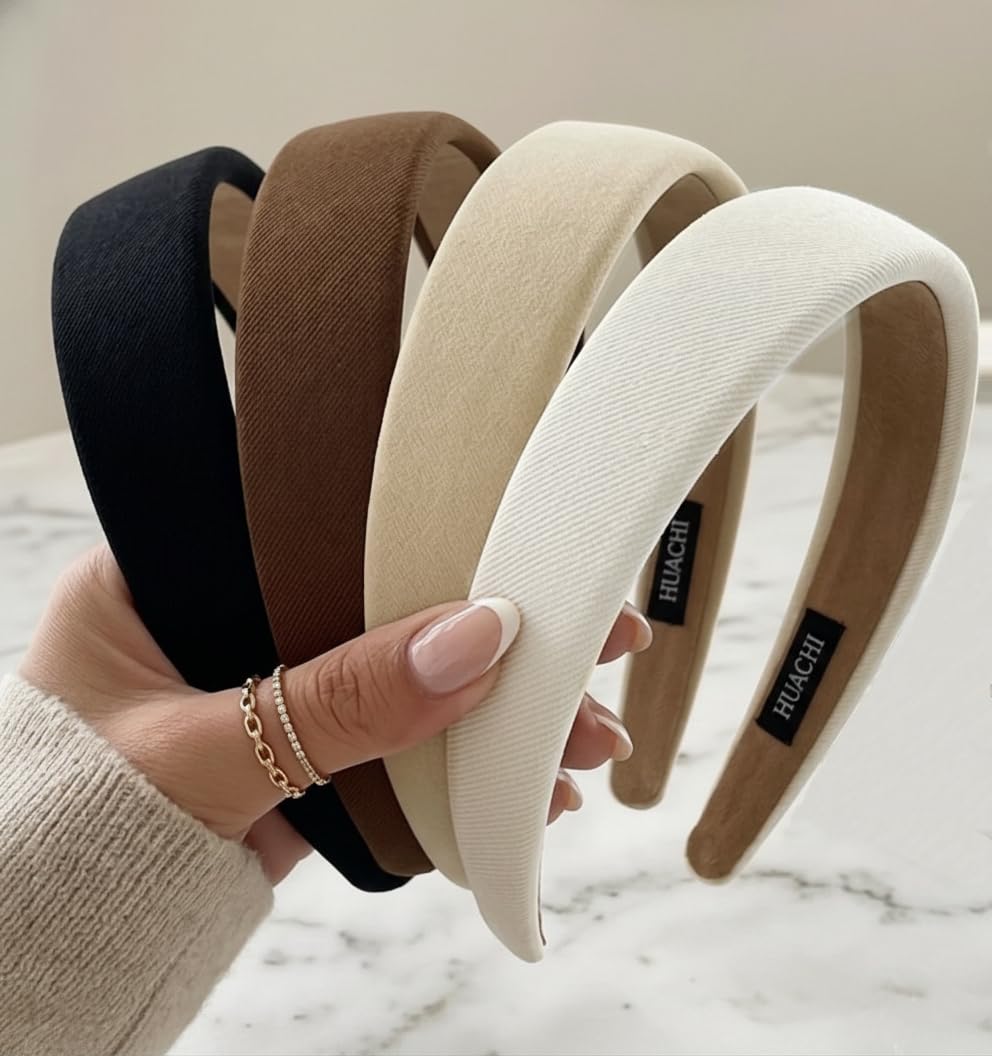 Huachi headbands for women in black, white, beige, and brown