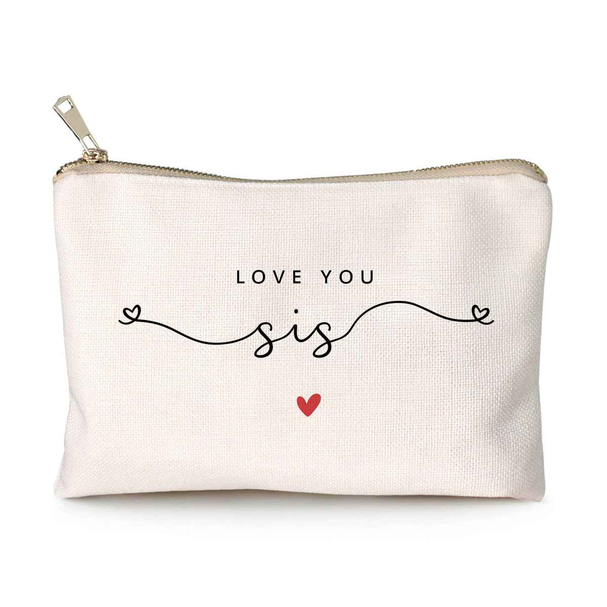 HubbgDesign Love You Sister Makeup Case front view with golden brass zipper