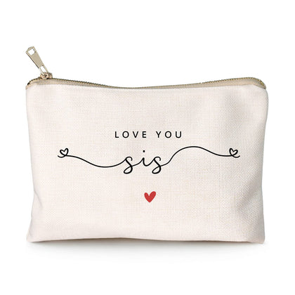 HubbgDesign Love You Sister Makeup Case front view with golden brass zipper