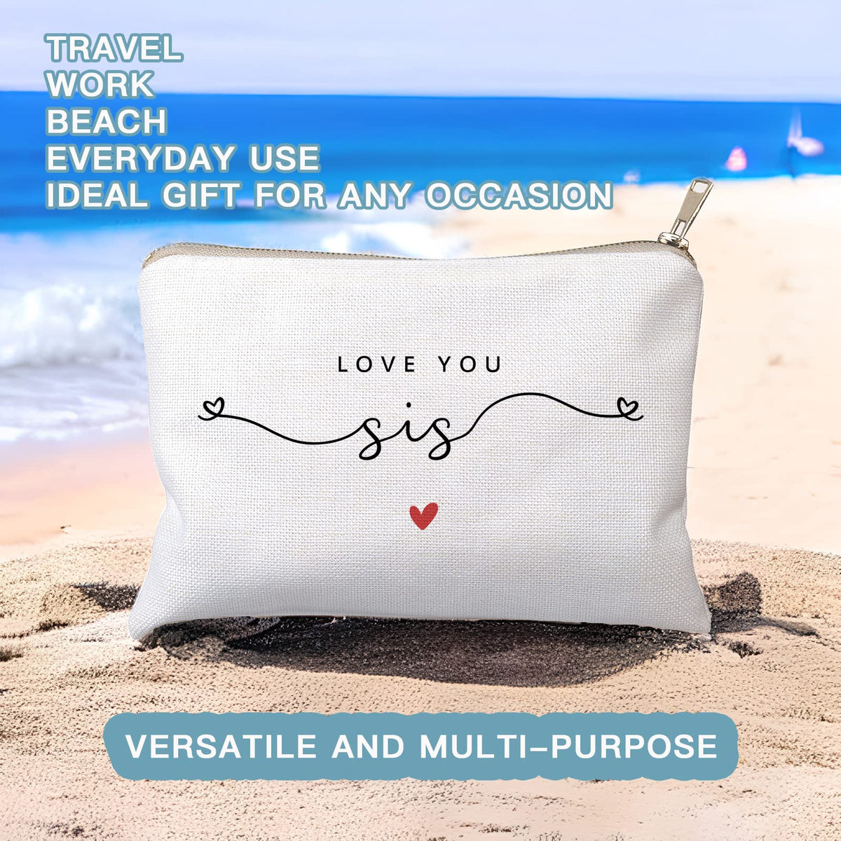 HubbgDesign Love You Sister Makeup Case in neutral colour on a vanity