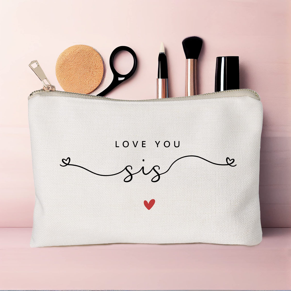 HubbgDesign Love You Sister Makeup Case lifestyle scene with accessories