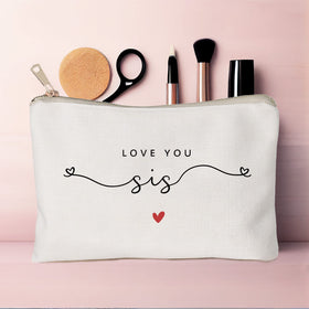 HubbgDesign Love You Sister Makeup Case lifestyle scene with accessories