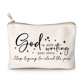 HubbgDesign Travel Makeup Bag front view with Bible quote