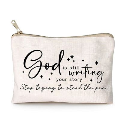 HubbgDesign Travel Makeup Bag front view with Bible quote