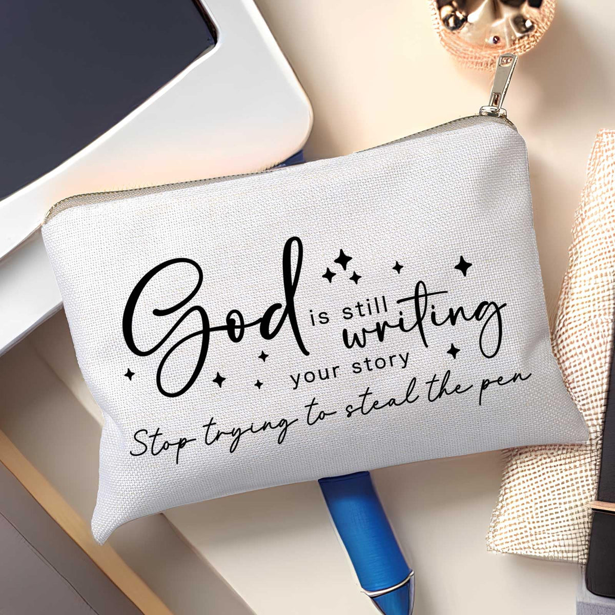 HubbgDesign Travel Makeup Bag styled with cosmetics