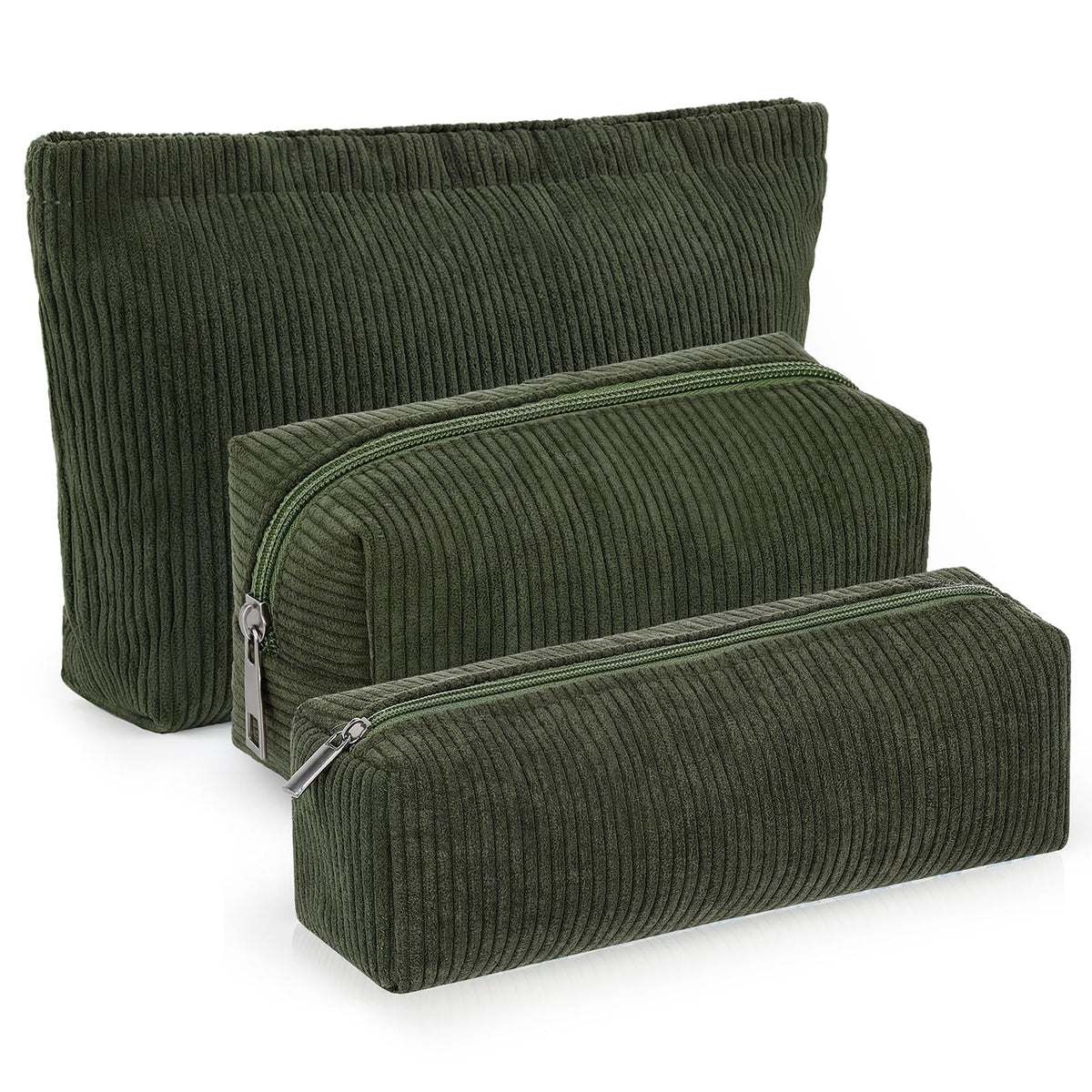 Huhumy 3 Pcs Corduroy Makeup Bag Set in army green front view