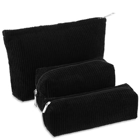 Huhumy 3 Pcs Corduroy Makeup Bag Set in black, front view