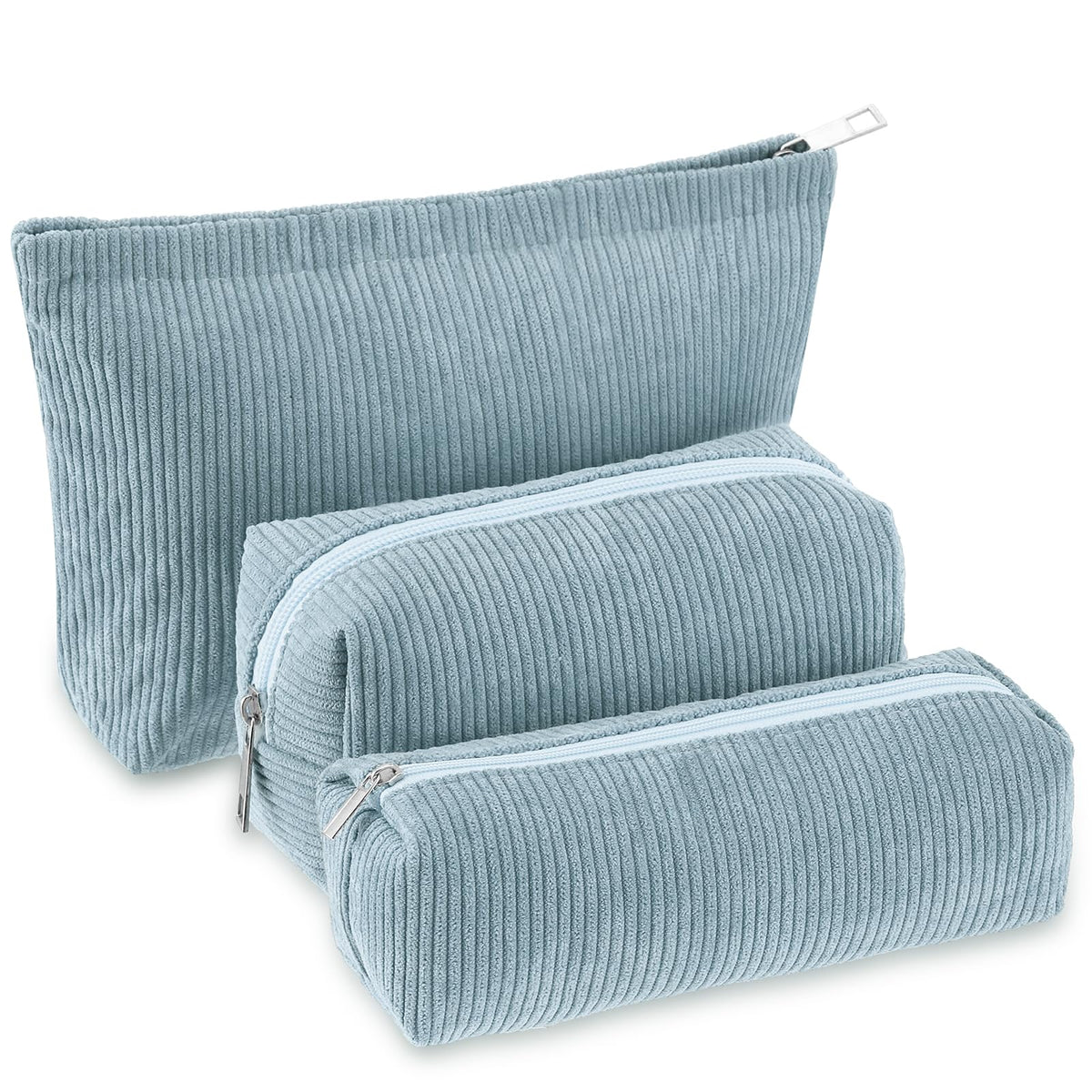 Huhumy 3 Pcs Corduroy Makeup Bag Set in blue front view