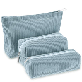 Huhumy 3 Pcs Corduroy Makeup Bag Set in blue front view