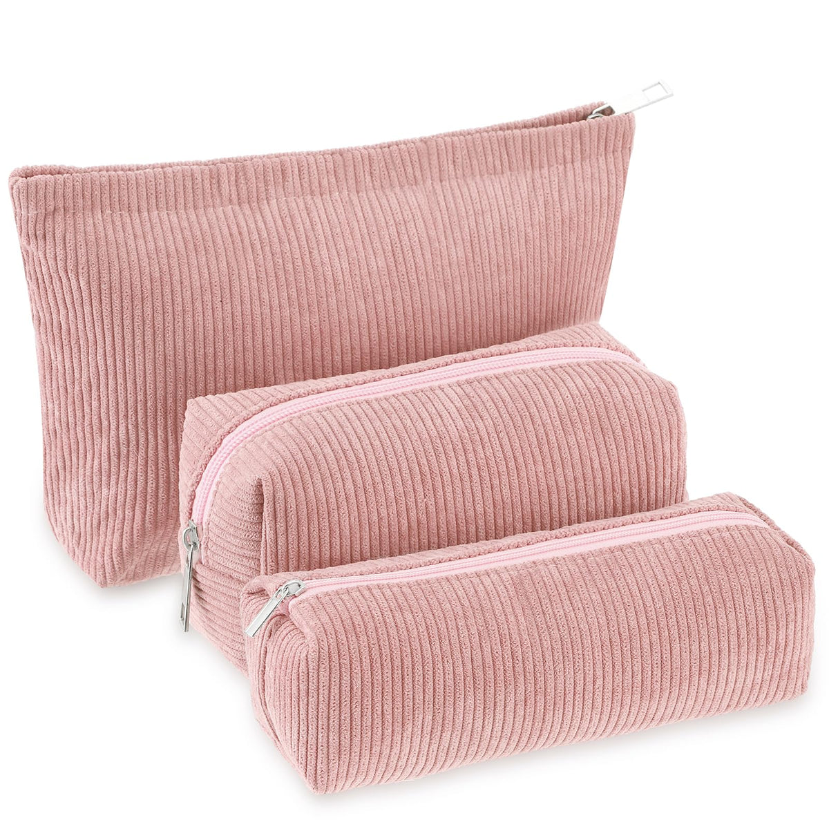 Huhumy 3 Pcs Corduroy Makeup Bag Set in pink front view