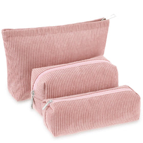Huhumy 3 Pcs Corduroy Makeup Bag Set in pink front view