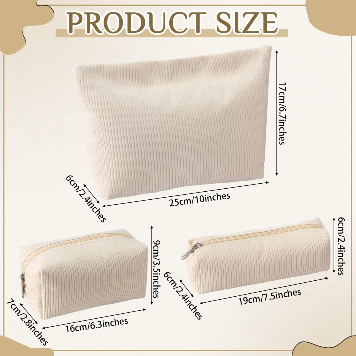 Huhumy Corduroy Makeup Bag Set different sizes displayed