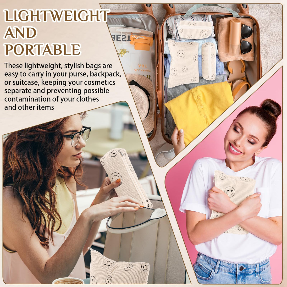 Huhumy Corduroy Makeup Bag Set dimensions displayed