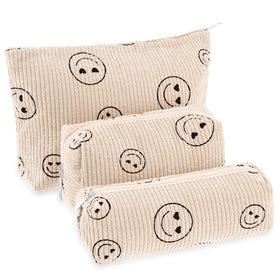 Huhumy Corduroy Makeup Bag Set front view with cute smiley design